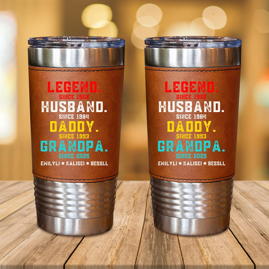 Husband Dad Grandpa Since Tumbler Mug, Personalized Engraved Fathers Day Grandpa Leather Tumbler 20oz, Custom Name Grandpa's Tumblers Mug Gifts for Dad Papa Birthday Fathers Day