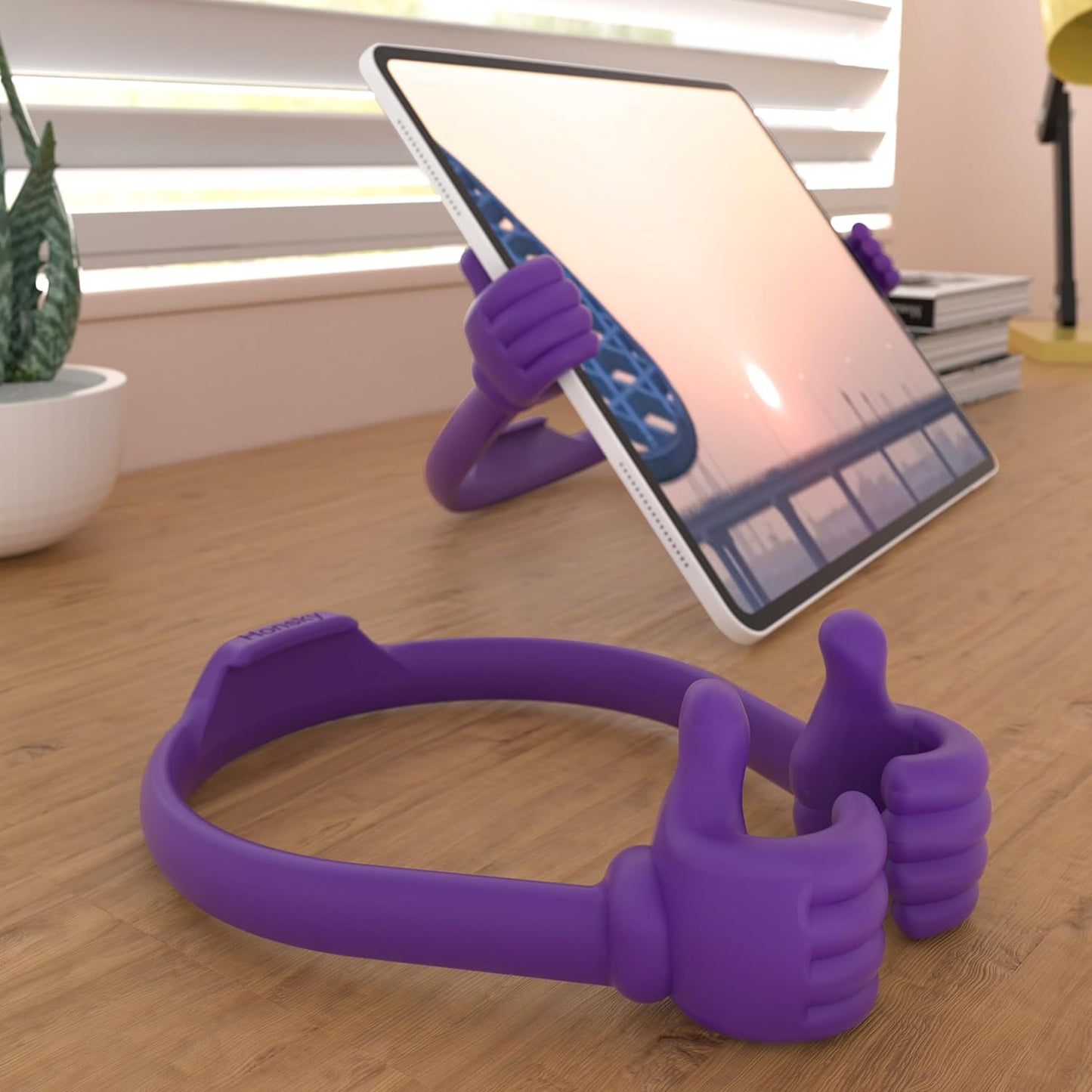 Honsky Thumbs Up 2 Pack Tablet Stands, Compatible with iPad, Samsung Galaxy, iPhone Pro Max, Universal Cute, Purple/Green