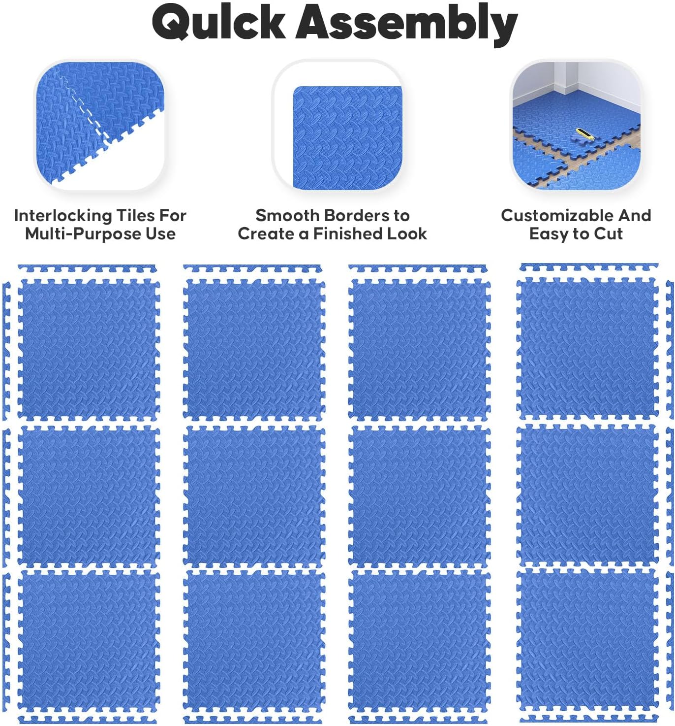 Home Gym Mat, Puzzle Exercise Mat, EVA Interlocking Foam Floor Tiles for Home Workout Equipment and Kids' Play Areas - Blue, 24 in x 24 in x ½ in - 12 Tiles (Blue, 12 Pack 48 sq ft)