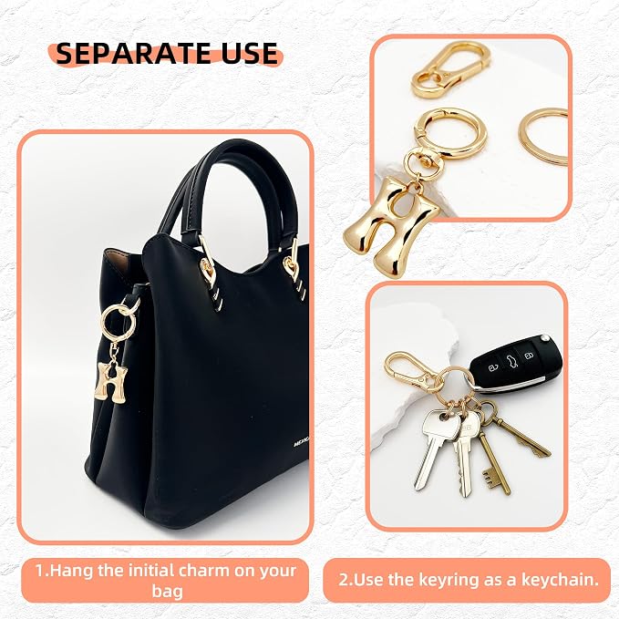 Gold Bubble Heart, Bow & More Designs Letter Initial Keychain Bag Charms – Cute - Image 2