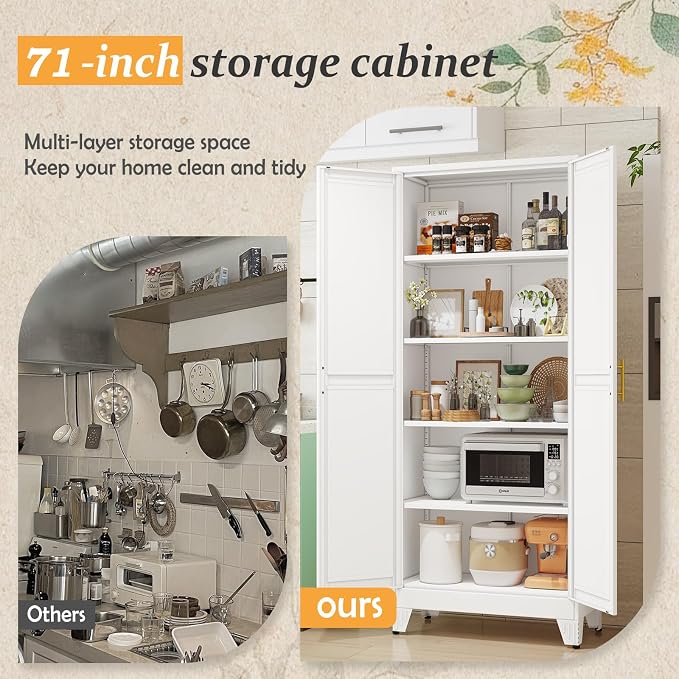 White Pantry Storage Cabinet, Metal Storage Cabinet, - Image 4