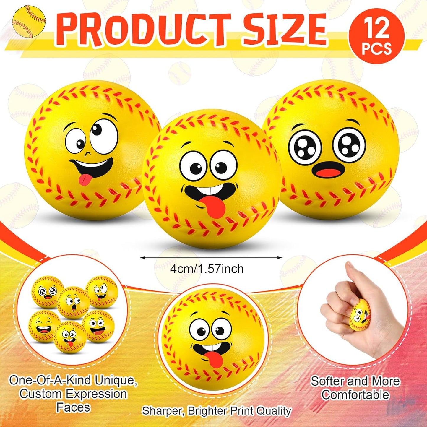 12 Pcs Mini Face Stress Balls for Boys Girls Sport Funny Face Squeeze Foam Balls for Stress and Anxiety Relief for Party Favors Birthday Gift Decoration(Softball)