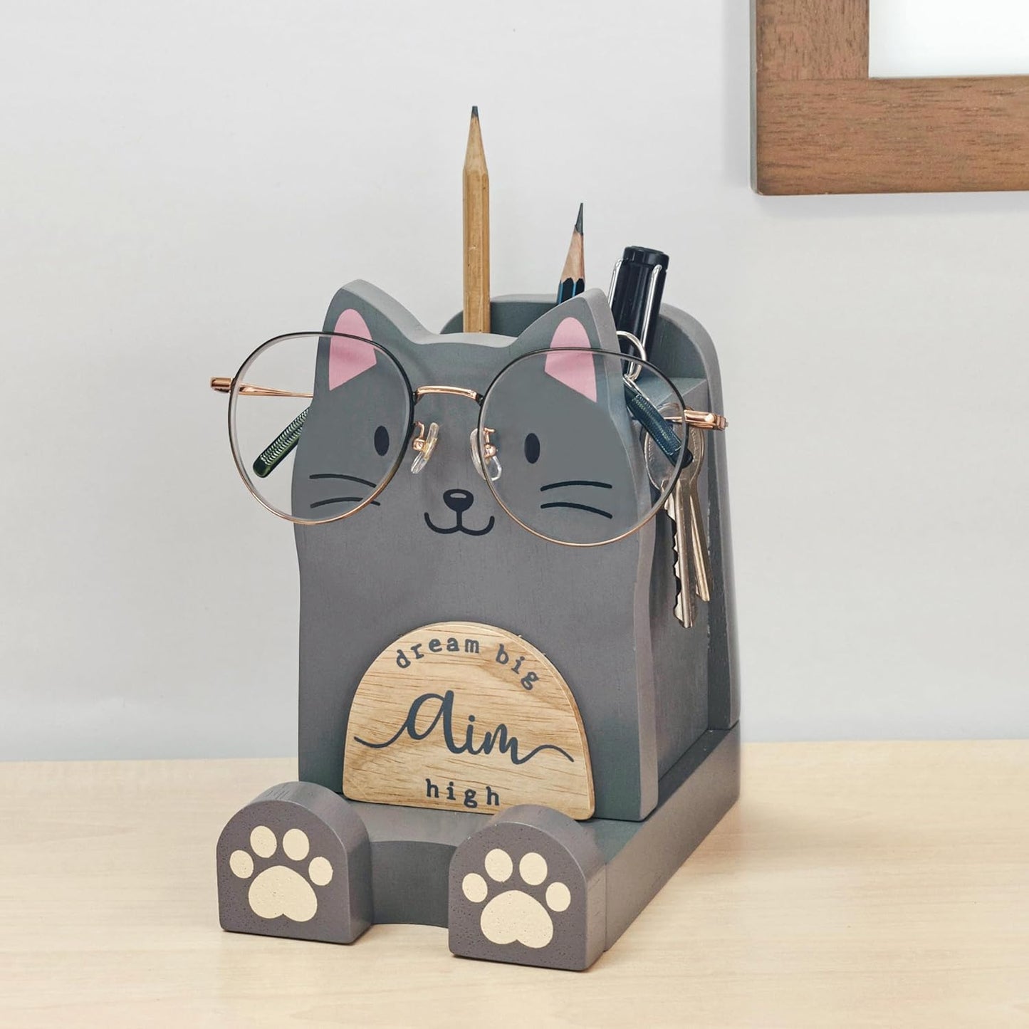 I'm Solid Wood Multipurpose Eyeglass Phone Pen & Pencil Holder Stand Stationery Desk Box Organizer Accessories Decor,Home Office Desktop Decoration Birthday Graduation Gifts for Cat Lovers (Kitty)