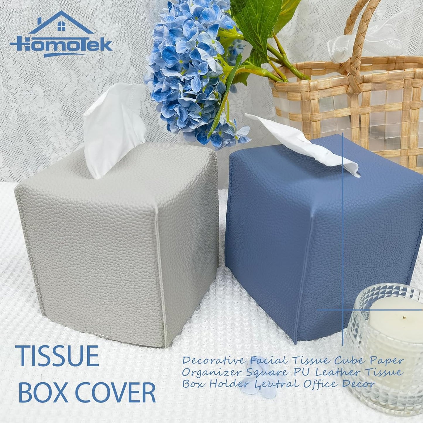 HOMOTEK 2 Pack Tissue Box Cover, Square PU Leather Tissue Holder, Decorative Facial Tissue Cube Paper Organizer Dispenser for Bathroom, Night Stands, Desk, Car 5X5X5'' - Haze Blue, Pebble Grain