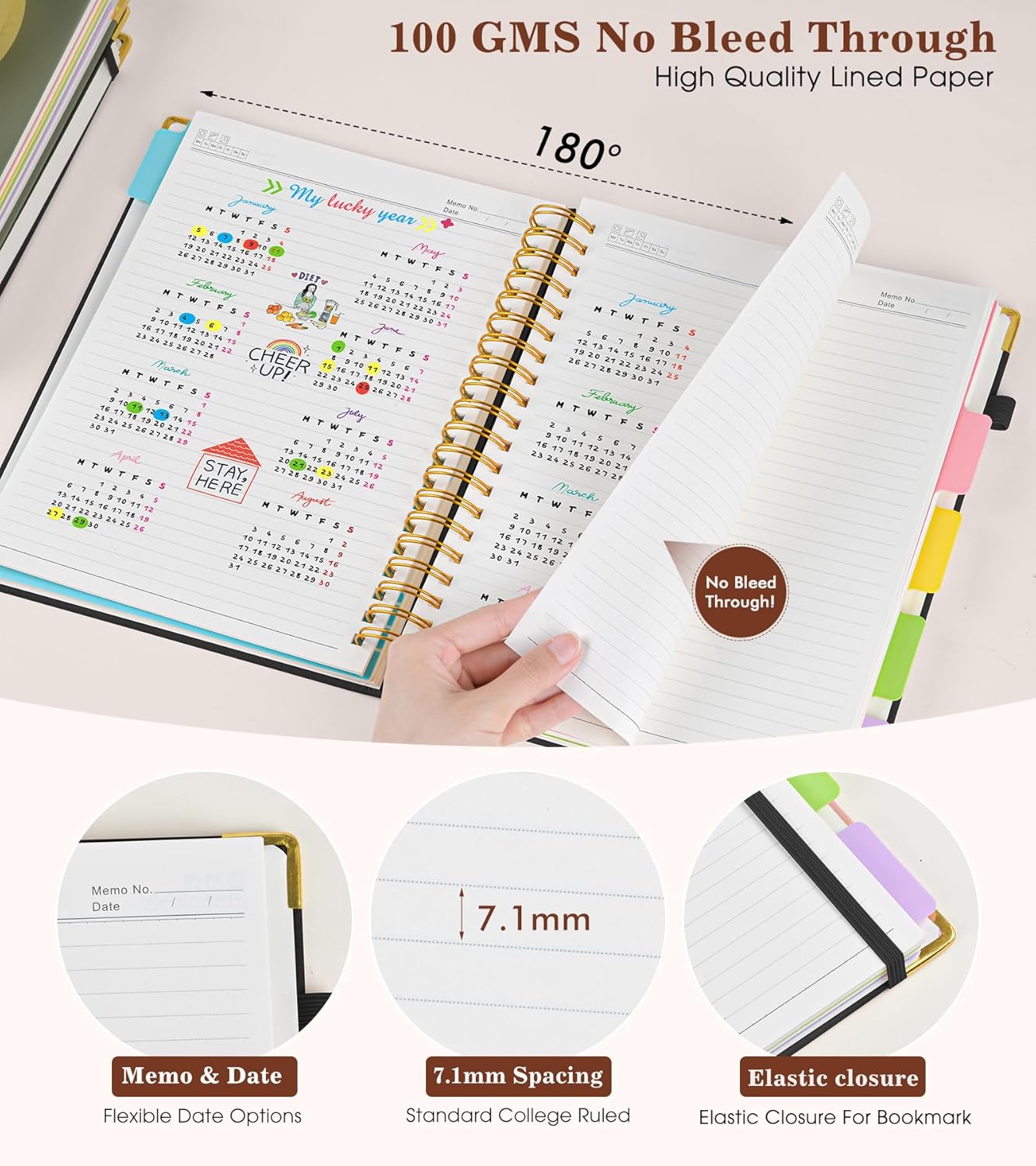 Hardcover Large Spiral Notebook 8.5" x 11" with Removable Dividers Tabs, 300 pages Leather 5 Subject Notebook College Ruled, A4 Journal for Women Men, Notebooks for Work School Note taking,Black