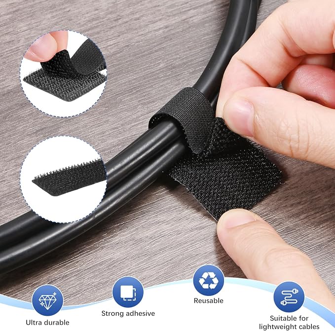 100-Pack Hook and Loop Cable Ties, 3.5 x 1.1 Inch Adjustable Self-Adhesive Cord - Image 2