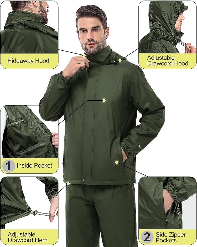 33, 000ft Men's Rain Suit Packable Waterproof Lightweight Rain Gear - Image 3