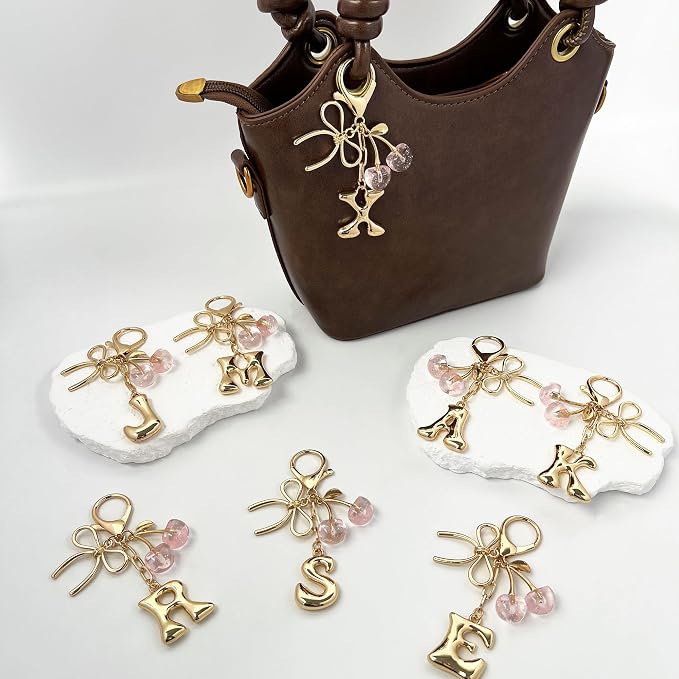 Gold Bubble Heart, Bow & More Designs Letter Initial Keychain Bag Charms – Cute - Image 2