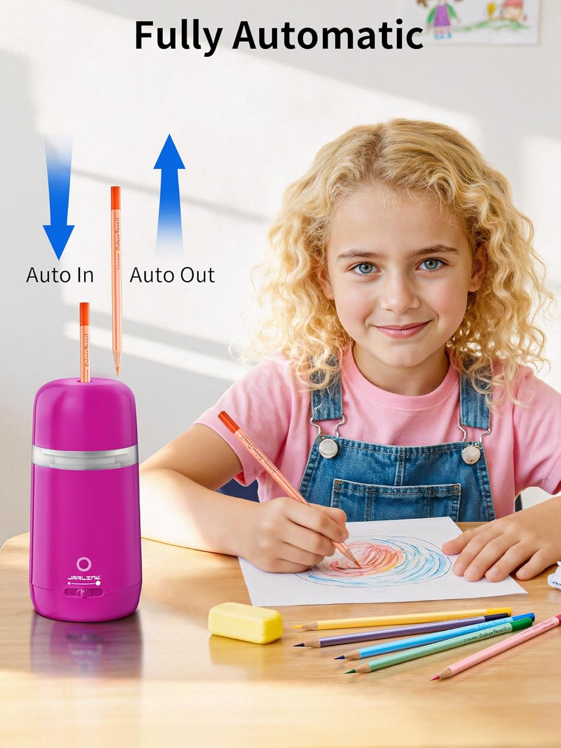 JARLINK Automatic Electric Pencil Sharpener - Hands-Free Operation, 3 Sharpness Modes, 3-Second Sharpening, Rechargeable & Portable for 7-12mm Pencils, Ideal for Classroom and Home Use (Purple)