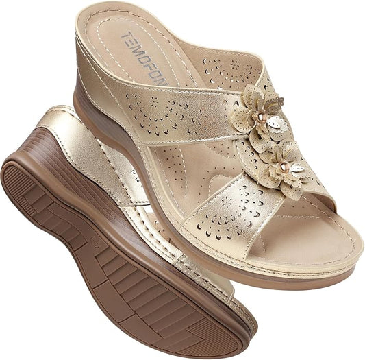 TEMOFON Womens Wedge Sandals Leather: Dressy Sandal, Rubber Sole, Comfortable by Temofon