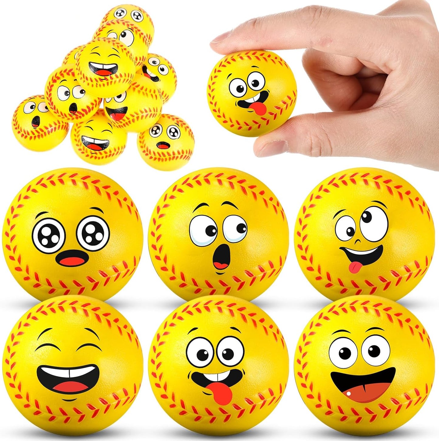 12 Pcs Mini Face Stress Balls for Boys Girls Sport Funny Face Squeeze Foam Balls for Stress and Anxiety Relief for Party Favors Birthday Gift Decoration(Softball)