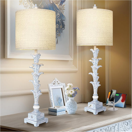 33'' Touch Table Lamp Set of 2 for Living Room , 3-Way Dimmable Buffet Lamps with USB Ports and White Shade, Vintage Farmhouse Bedside Nightstand Lamps for Bedroom Office Study Dinning (Bulb Included)