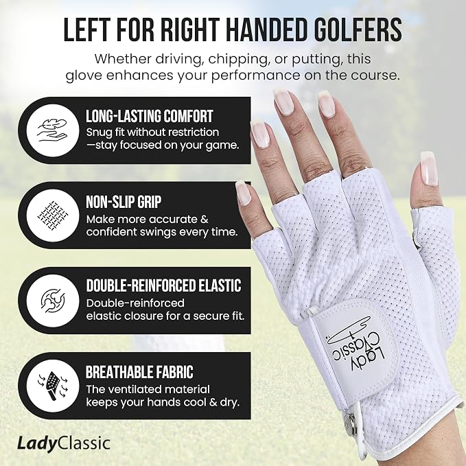 Mesh Half Golf Glove for Women – Premium Cabretta Leather Palm, Breathable Mesh - Image 5