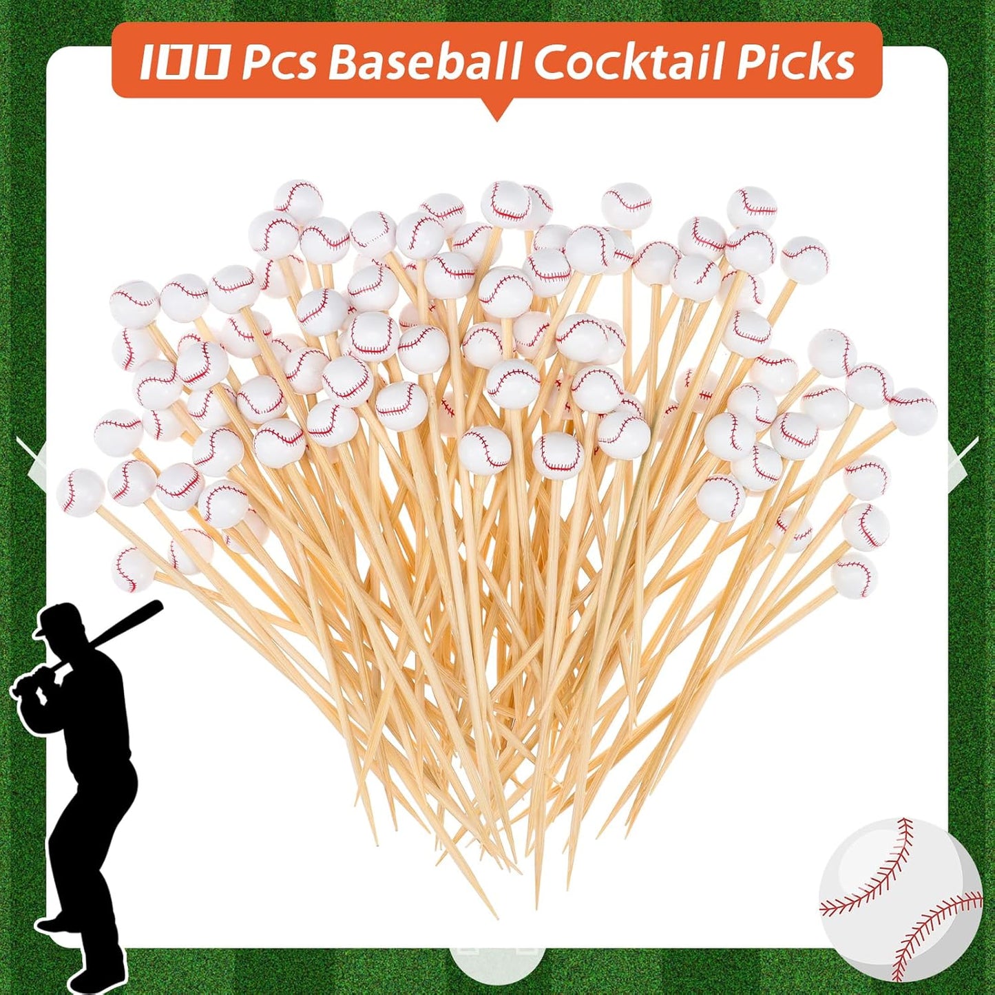 100Pcs Baseball Cocktail Picks 4.7 Inch Decorative Sports Ball End Toothpicks for Appetizers Bamboo Cocktail Sticks Skewers for Drinks, Fruits, Desserts, Charcuterie(Baseball)