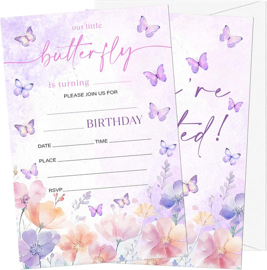 Butterfly Birthday Invitations, 20 Invitation Cards with Envelopes, Purple Floral Invites for Girl Party Decorations Favor Supplies - A01