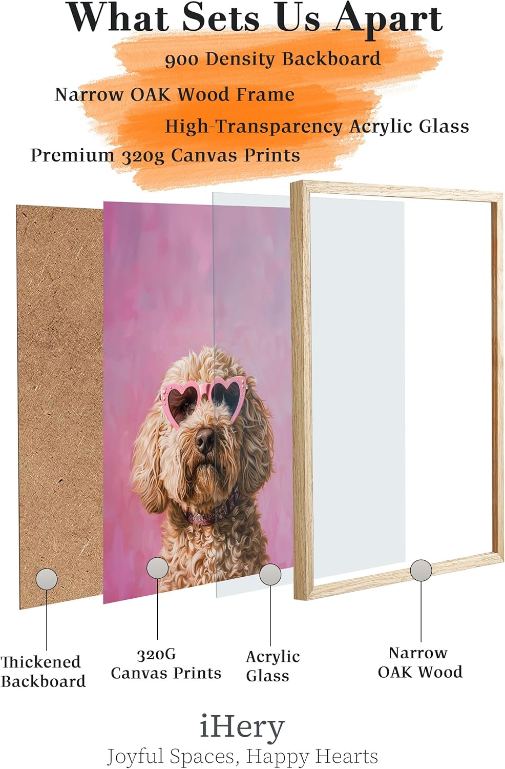 iHery Natural OAK Wood Pink Goldendoodle Dog Framed Wall Art, 12x16 in Funky Preppy Heart-Shaped Glasses Canvas Wall Art Decor For Bedroom, Cute Dog Prints Apartment Bathroom Living Room Set of 1