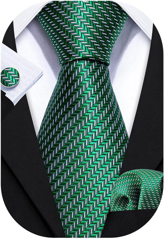 Barry.Wang Designer Classic Ties for Men Set Formal Pocket Square Cufflink Check Plaid