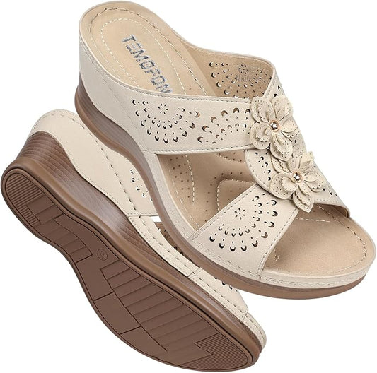 TEMOFON Womens Wedge Sandals Leather: Dressy Sandal, Rubber Sole, Comfortable by Temofon
