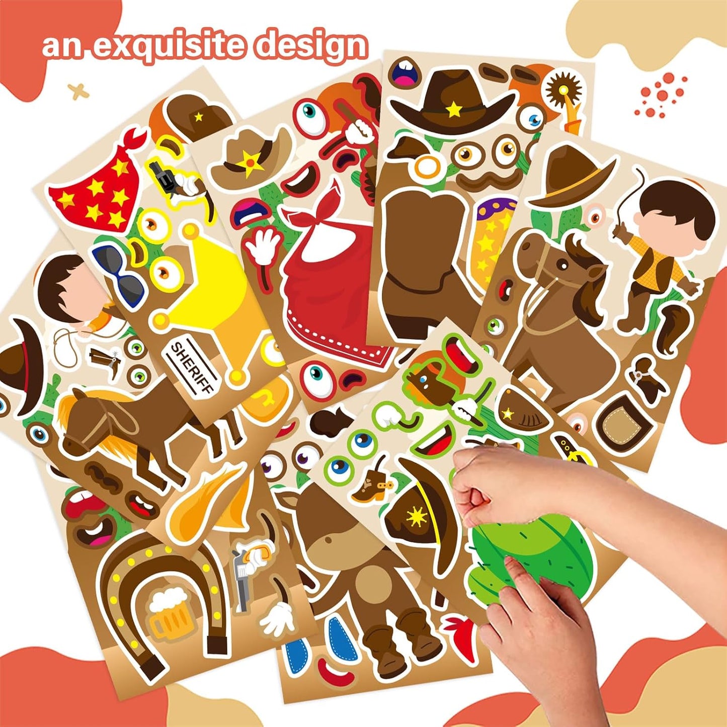 24 Sheets Western Cowboy Stickers, Make Your Own Cowboy Hat Boots Cactus Decals for Kids, Make a Face Sticker, Art Craft Party Favor Supplies