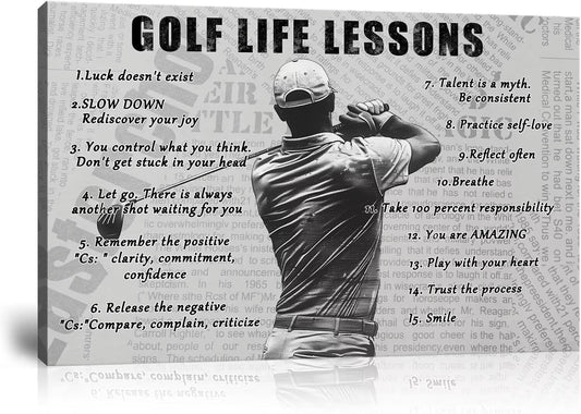 Golf Sports Wall Art Golf Life Lessons Wall Decor Golf Sign Retro Poster Boy Men Room Motivational Decorations Canvas Print Painting Artwork for Living Room Home Decorations Framed (28 x 44 inch)