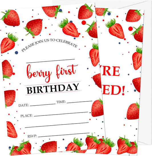 Berry 1st Birthday Invitations, 20 Invitation Cards with Envelopes, Strawberry First Invites for Party Decorations Favor Supplies - A06