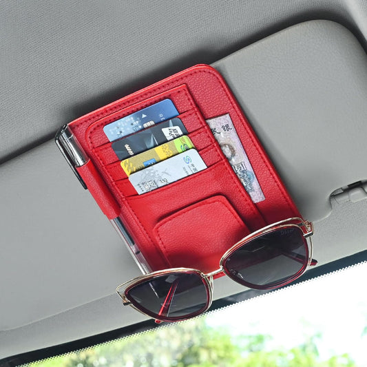 Auto Car Sun Visor Organizer, Multifunctional Auto Interior Accessories Storage Pocket Sun Visor Pouch for Card License Registration Document Pen Key Interior Accessories Pocket Organizer (Red)