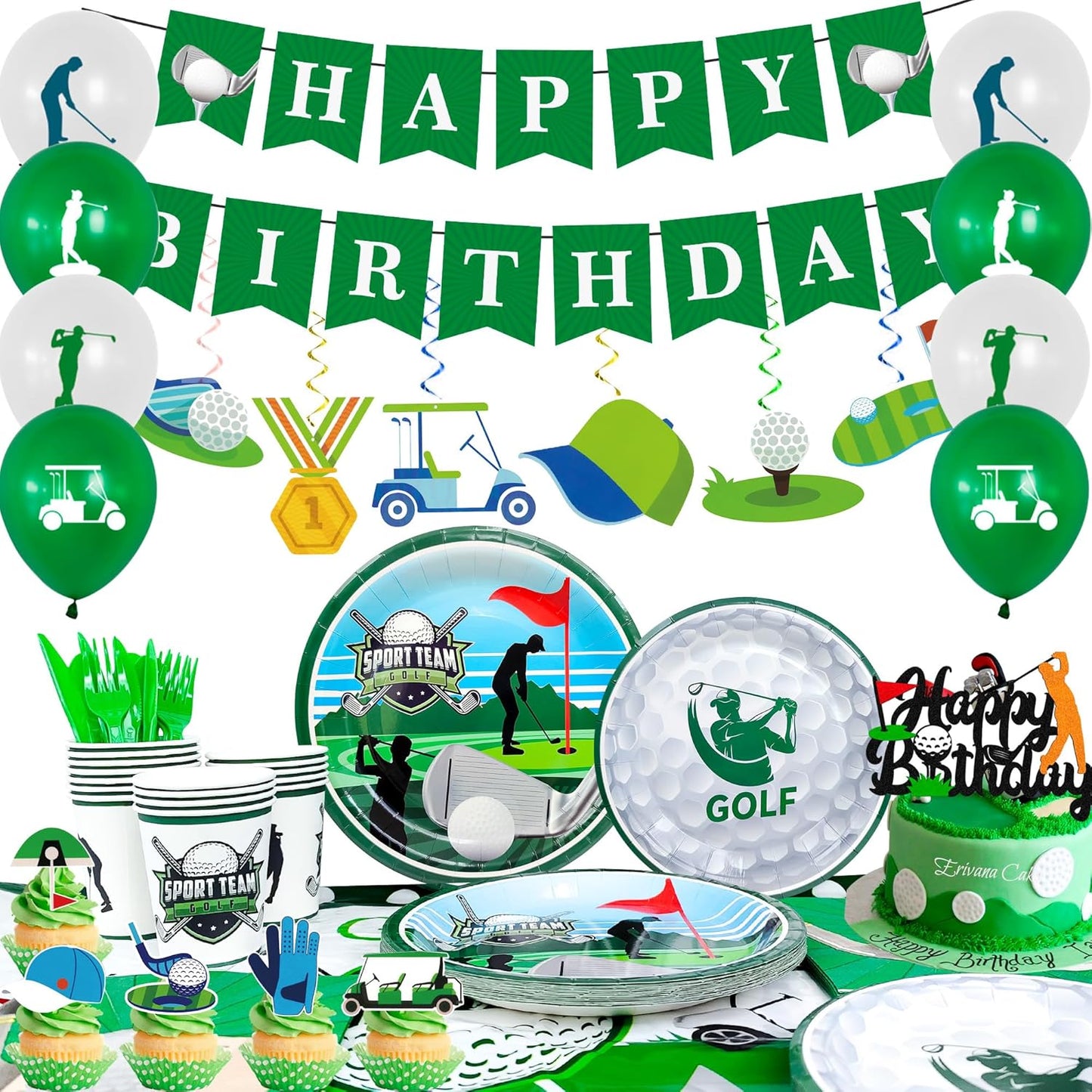 159pcs Golf Birthday Party Decorations Supplies, 16 Guests Golf Party Tableware Set Golf Birthday Banner Balloons Sport Party Plates Napkin Tablecloth etc