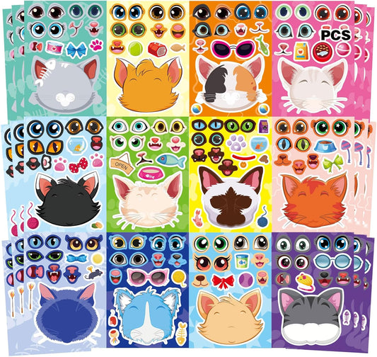 36 Sheets Cat Make a Face Sticker Sheets for Kids Todder, Make Your Own Stickers with 12 Cat Face Designs for Kids Birthday Party Favor Supplies Craft