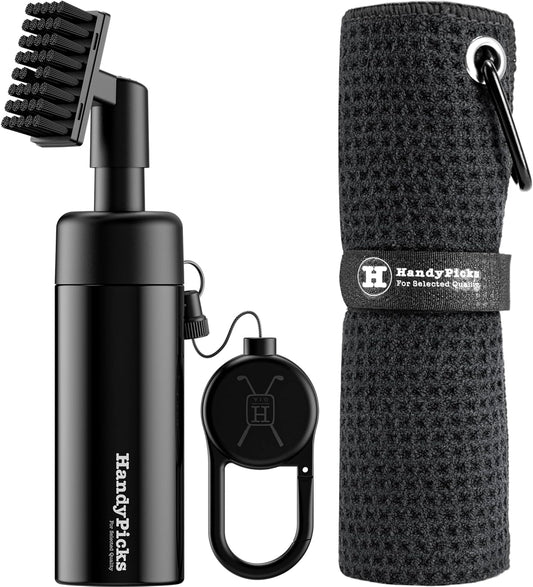 Handy Picks Golf Club Cleaner with Water Bottle Holds 5.5 OZ, Heavy Duty Metal Retractable Magnetic Clip, Waffle Microfiber Golf Towel, Ideal Water Brush Combo