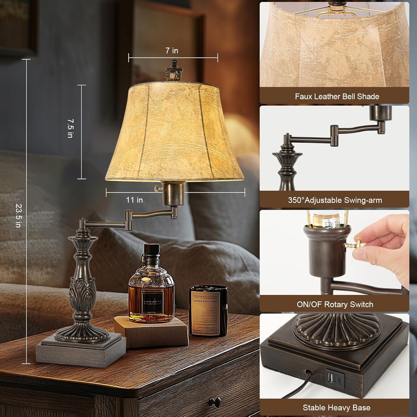 23.5" Rustic Traditional 350° Adjustable Swing Arm Table Lamp Set of 2 with USB A+C Ports Brown Finish Faux Leather Shade Vintage Nightstand lamp for Living Room Bedroom Office (Bulb Included)