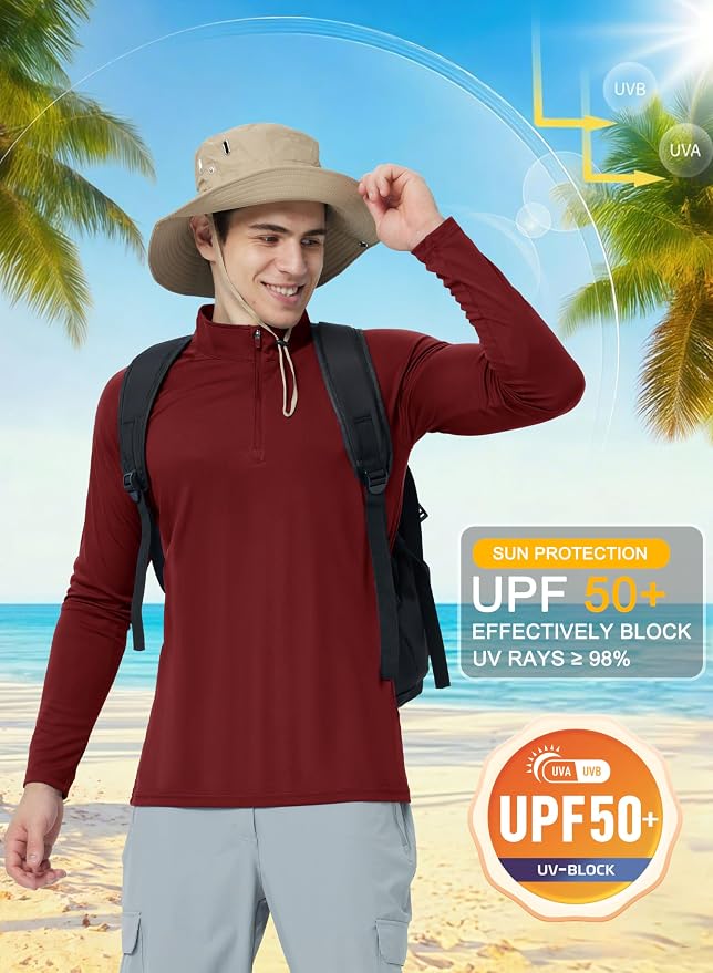 CRYSULLY Men's Long Sleeve 1/4 Zip Shirts Sun Protection Pullover UPF 50+ Rash - Image 3