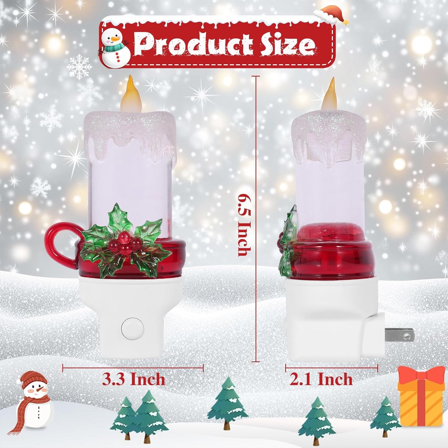 2 Pack Christmas Candle Night Light Plug into Wall Glitter Water Nightlight with USB/Outlet Options, Christmas Decorative Nightlight for Bedroom Kitchen Nursery Holiday Decorations Gifts (Candle)