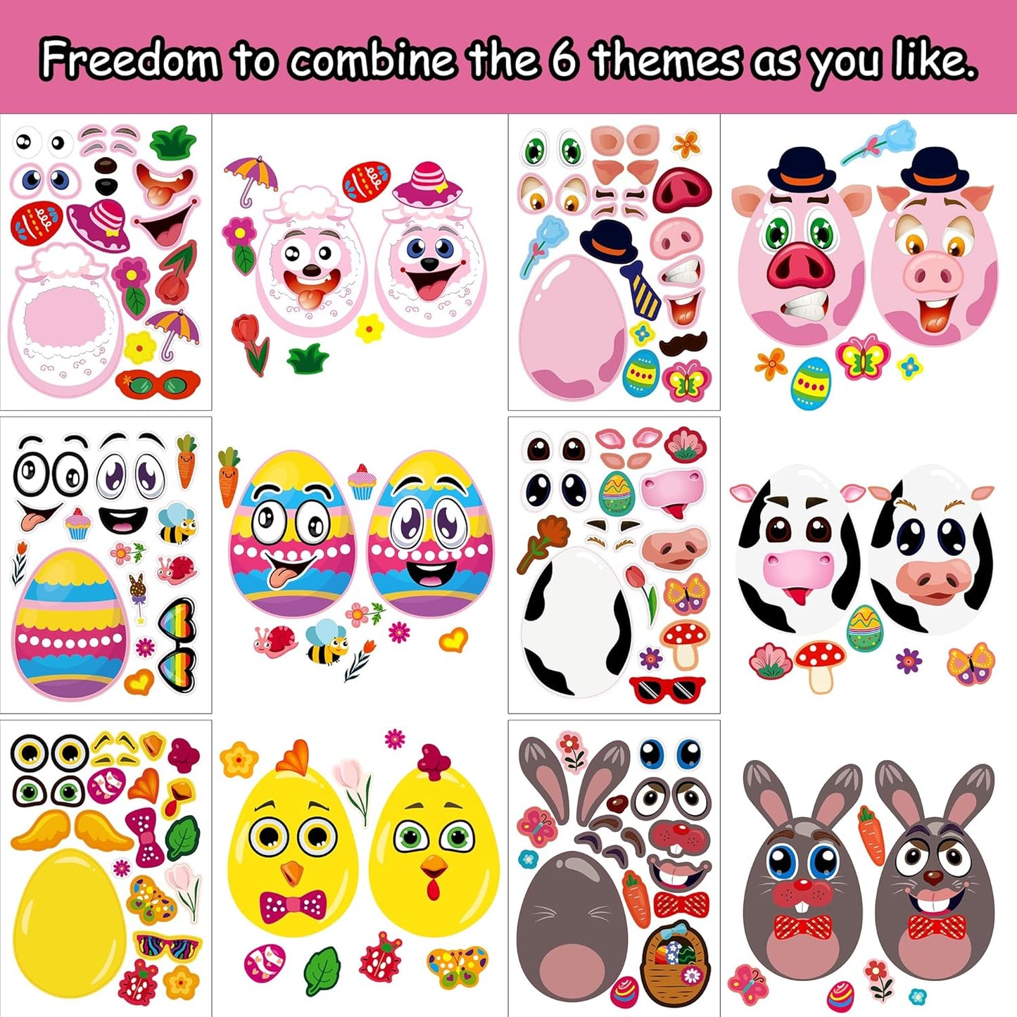 24 Sheets Easter Stickers for Kids Toddlers, Easter Basket Stuffers, Make A Face Stickers Crafts with Eggs Themed, Kids Party Favor Supplies Decorations Activities Gifts for Girls Boys