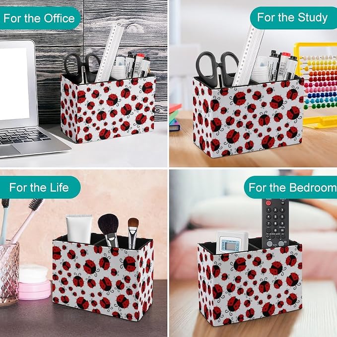 Pen Holder, Pencil Holder for Desk Organizer, Summer Red Ladybugs PU Leather - Image 4