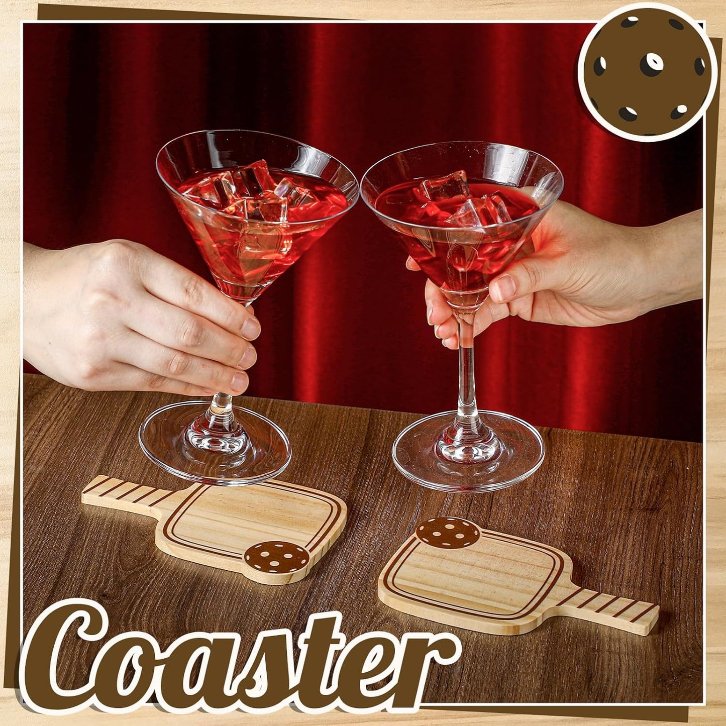 Hushee 12 Pcs Dinkball Drink Coasters Wood Coasters Set Paddle Shape with Handle Funny Gift for Women Men Sports Lovers Fans Party Favors Decorations (Wood)