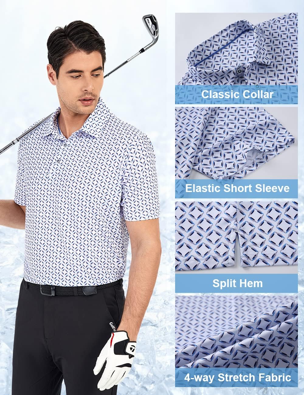 Hodaweisolp Golf Shirts for Men Dry Fit Print Moisture Wicking Performance Short Sleeve Polo Shirt