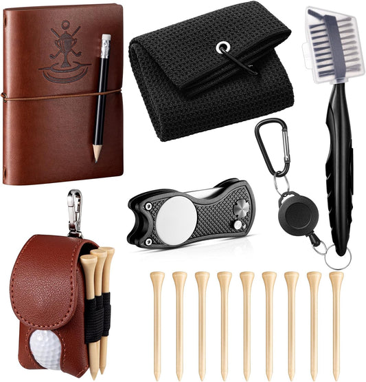 14 Pcs Golf Accessories Kit Gifts, Include Brown Scorecard Book, Golf Ball Bag with Hook Towel Tees Magnetic Ball Marker Divot Tool Cleaner Brush for Women or Men Gifts Set