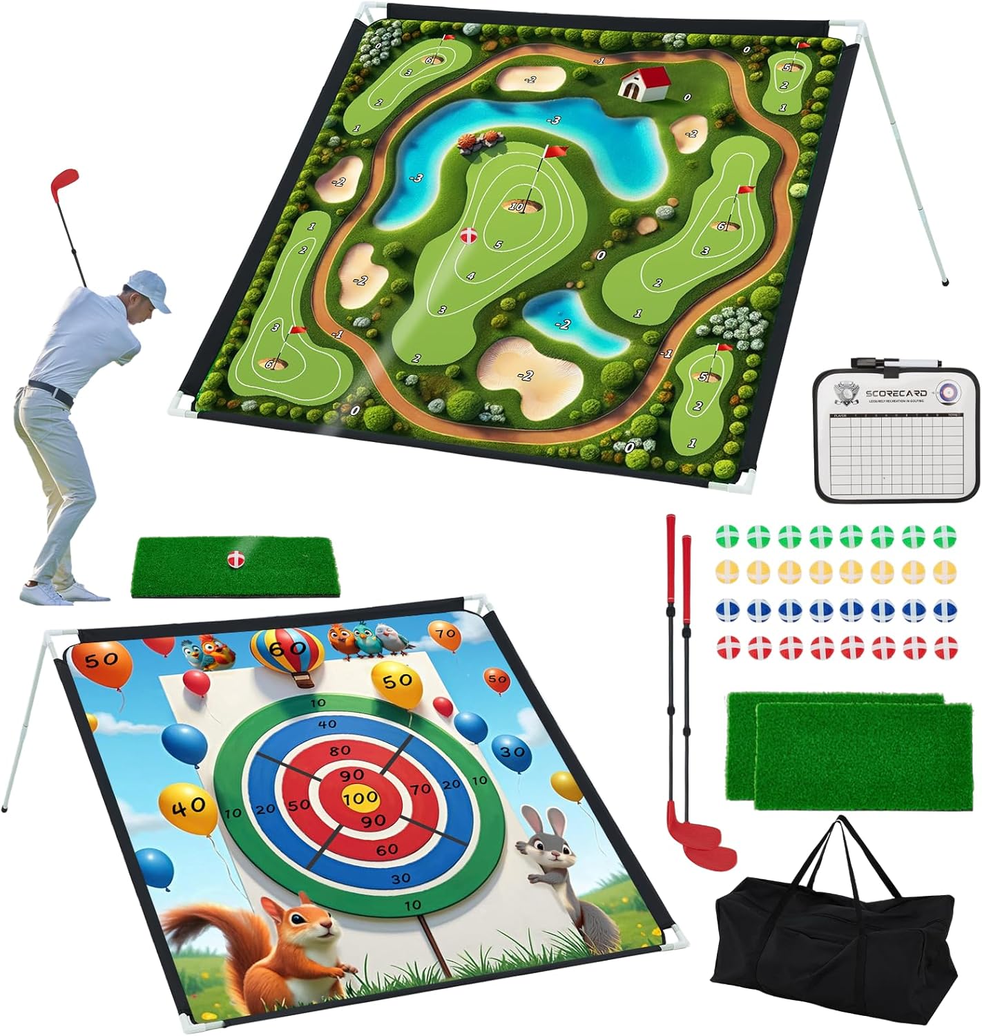 2-in-1 Portable Golf Chipping Game Set Adjustable Golf Practice Mat with 3-Level Golf Clubs 40 Sticky Balls for Indoor Outdoor Training Playing Chipping Golf Game Practice for Golfers 6FT × 6FT