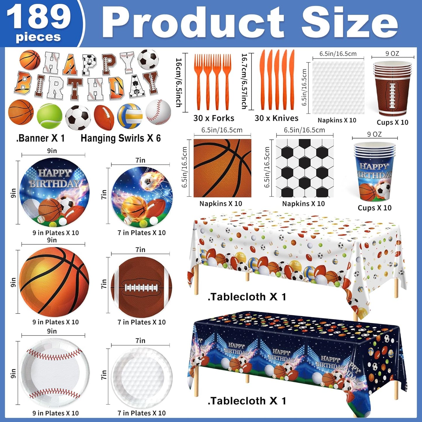 189pcs Sports Birthday Party Decorations Sports Plates Napkins Party Supplies Tablecloth Banner All Star Football Baseball Basketball Soccer Tableware for Sports Themed Party Decorations Serves 24