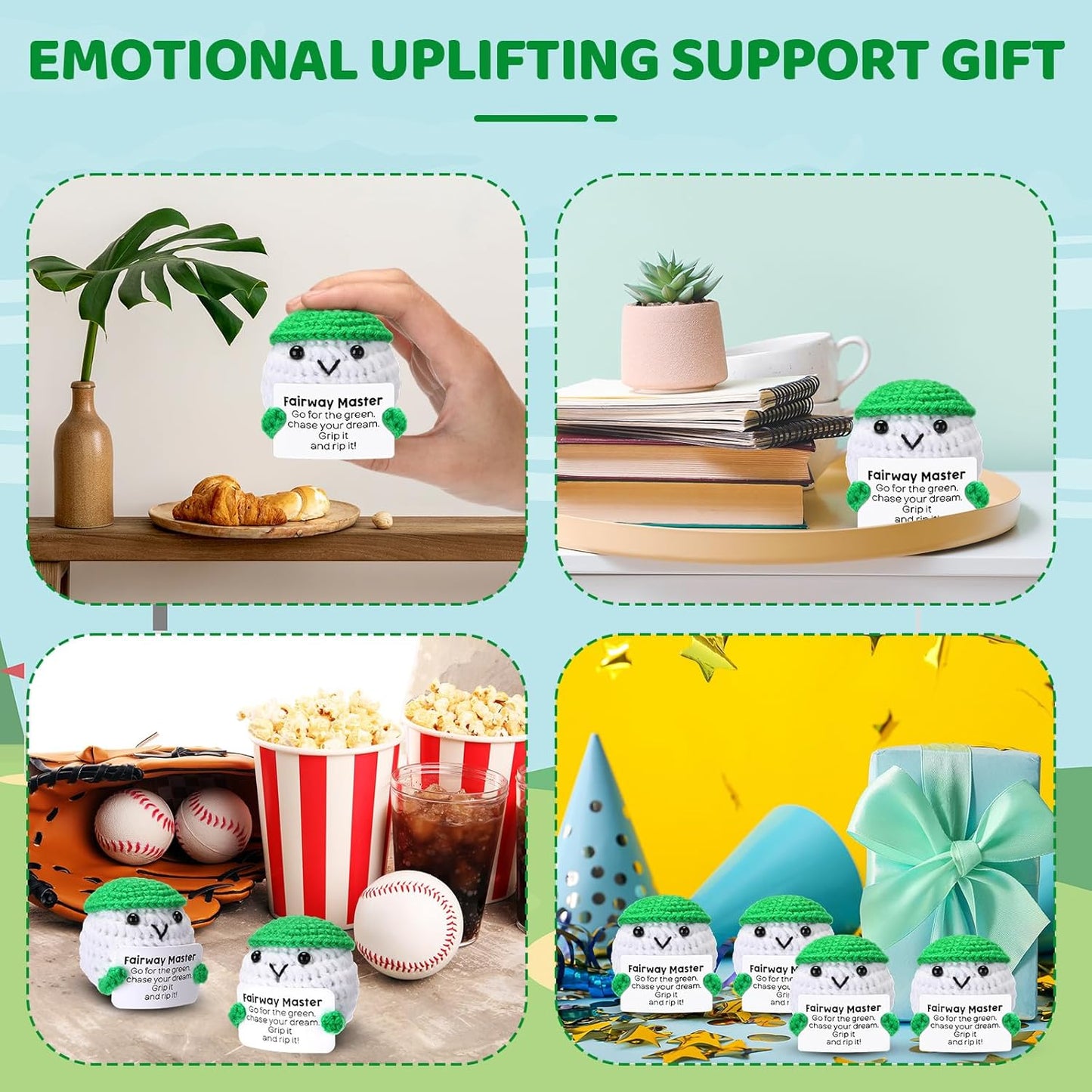 12pcs Funny Golf Gifts for Team Bulk Golf Balls with Motivational Cards Positive Handmade Mini Crochet Team Gift for Coach Women Men Coworker Birthday Christmas Party Favors