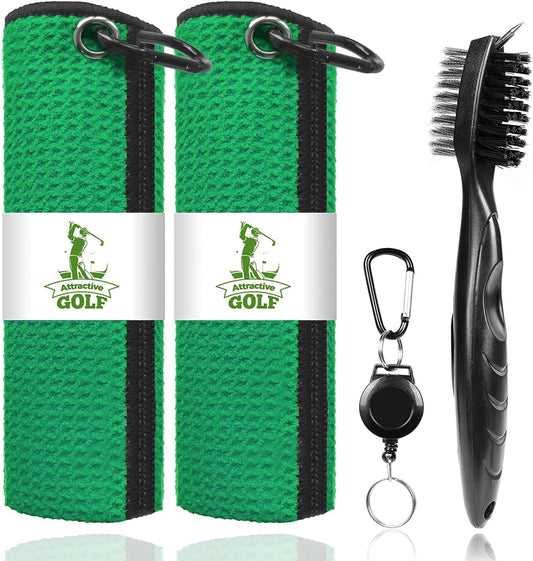 ATTRACTIVE Golf Towels, Microfiber Waffle Pattern Towels - Golf Club Brush with Cleaning (2 Green Towel+Black Brush)
