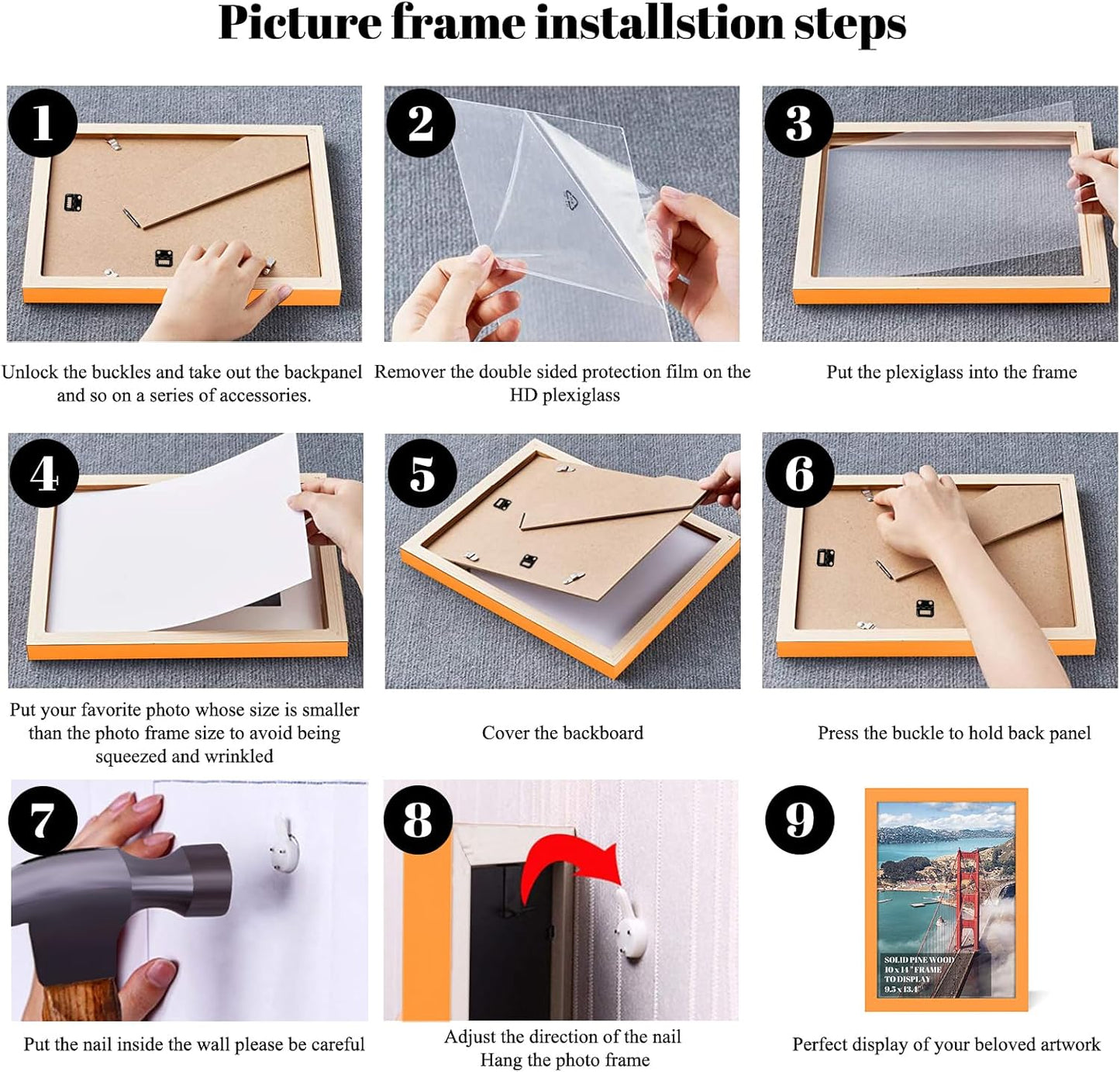 10x14 inch Wood Picture Frames for Wall Hanging,Diamond Painting Frames Rectangle Baby Scan Picture Frame for Family Walls Decoration,Anniversary,Wedding,Christmas,Halloween,Shower,Certificate (Orange)