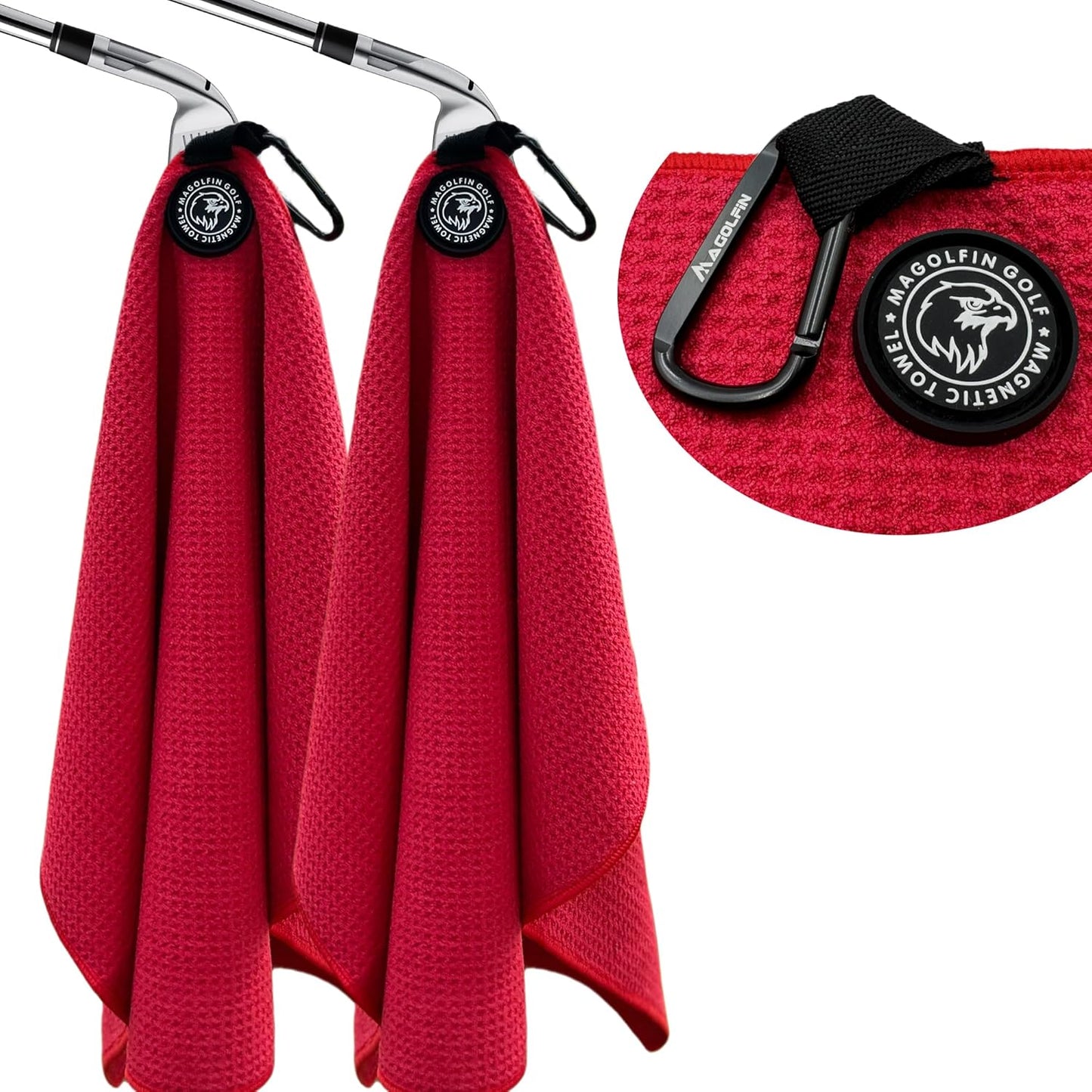 2-Pack Magnetic Golf Towel with Clip, Microfiber Waffle Design - Industrial Strength Magnet for Strong Hold to Golf Bags, Carts & Clubs - Red
