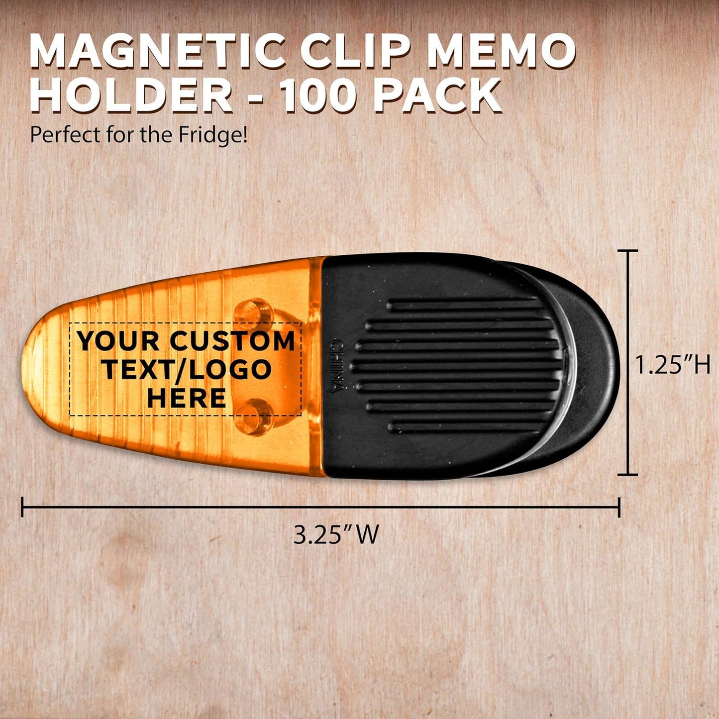 100 Magnetic Memo Holders Set - Customizable Text, Logo - Large Clip, Plastic - TOrange