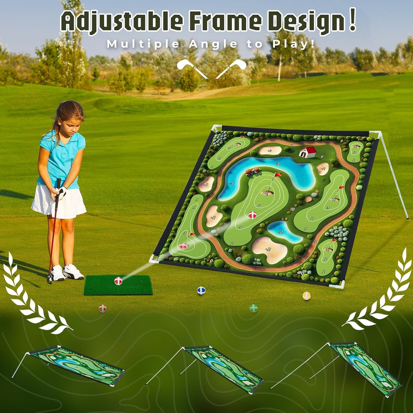 2-in-1 Portable Golf Chipping Game Set Adjustable Golf Practice Mat with 3-Level Golf Clubs 40 Sticky Balls for Indoor Outdoor Training Playing Chipping Golf Game Practice for Golfers 6FT × 6FT