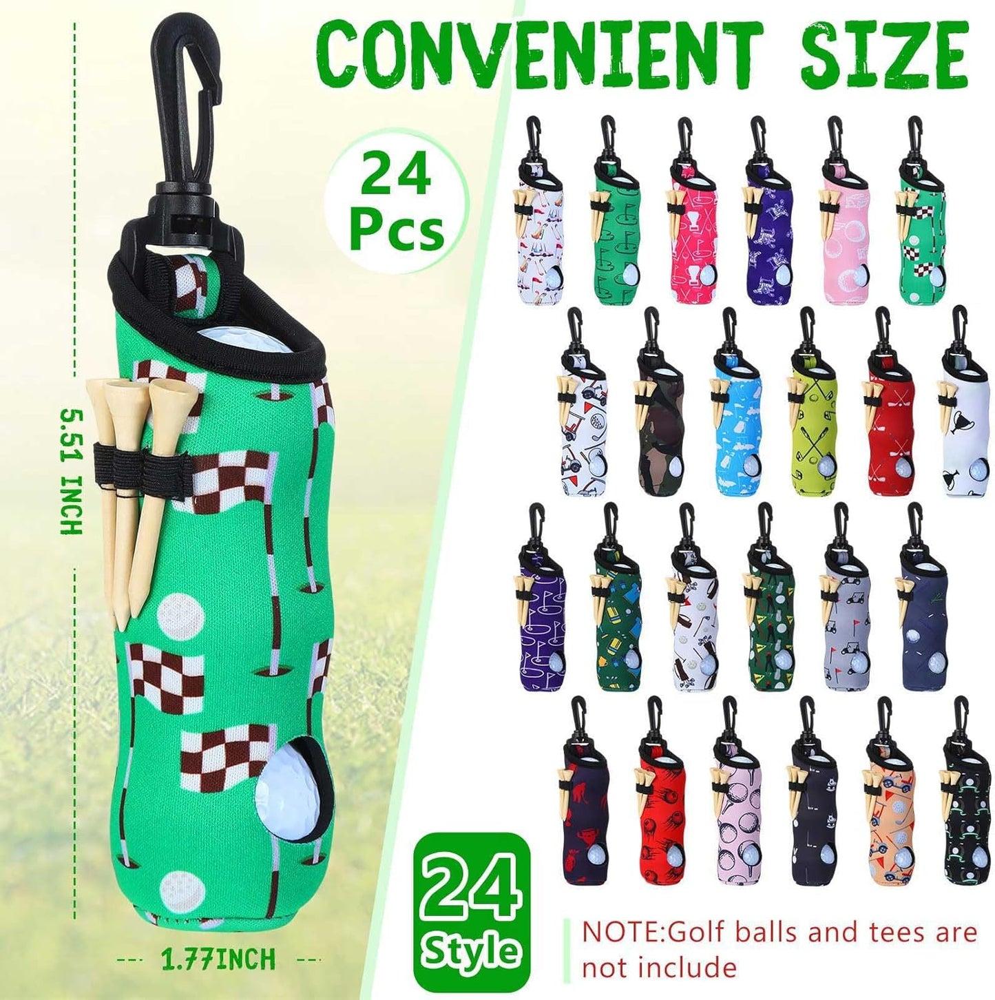 24 Pcs Golf Ball Holder Pouch with Tee Holder Keychain Belt Clip Hook Golf Carry Bag for Women Ladies Man Gifts