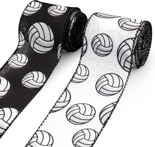 2 Rolls 2.5'' X 10 Yards Volleyball Ribbon Black and White Sports Ribbons for Crafts Gift Wrapping Sports Ball Burlap Ribbon for Wreath Bows Sport Team Birthday Party Home Decoration