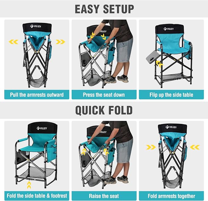 VILLEY Tall Directors Chair, Folding Camping Chairs, Makeup Artist Chair - Image 7