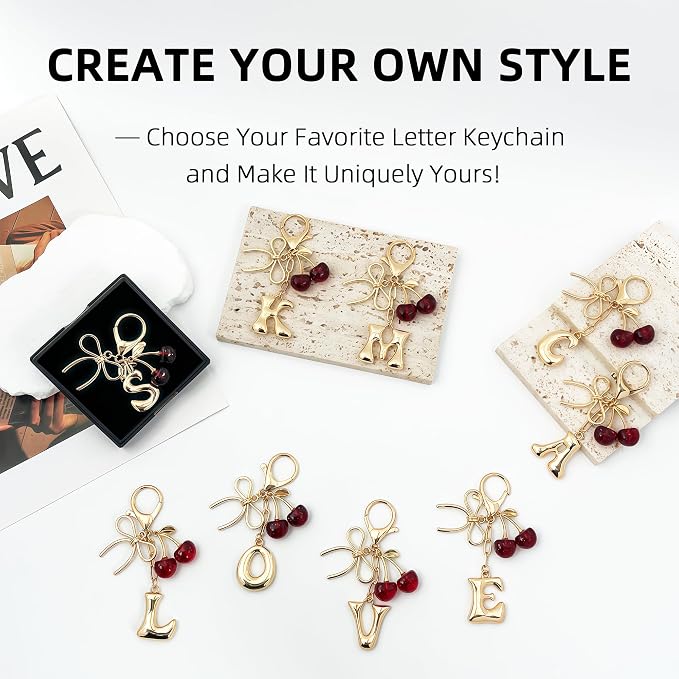 Gold Bubble Heart, Bow & More Designs Letter Initial Keychain Bag Charms – Cute - Image 6