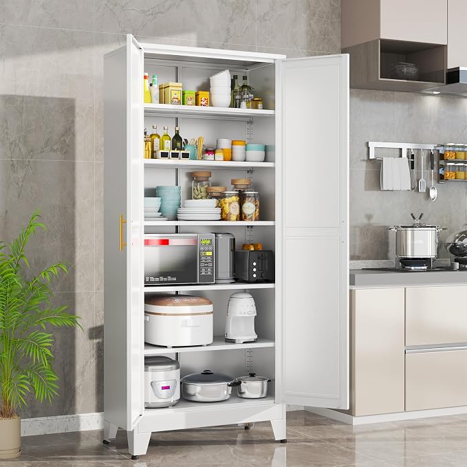 White Metal Storage Cabinet, Kitchen Pantry Storage Cabinet - Image 9